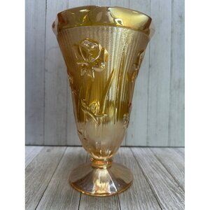 Vtg Jeannette Marigold Carnival Depression Herringbone Vase Iris Peach 9'' Tall